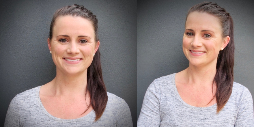 Brunette woman with ponytail in grey long sleeve top - two headshot images 