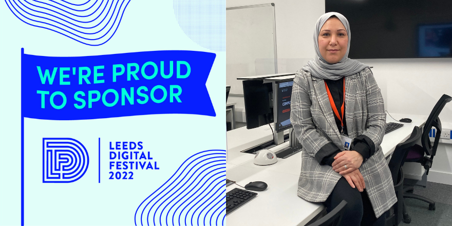 Split screen image of graphic for Leeds Digital Festival and Dr Antesar Shabut sitting at desk in front of computers