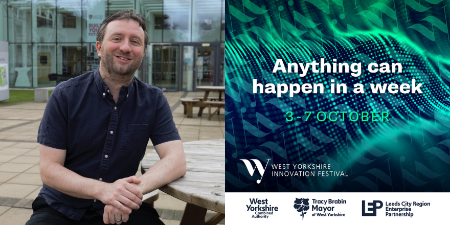 Split screen image with male sat down on left and graphic of West Yorkshire Innovation Festival on right