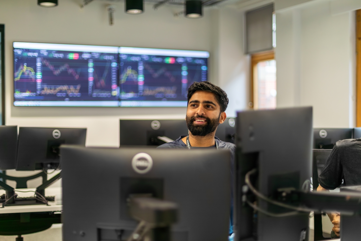 Student using the Mock Trading Room at the Leeds City Campus.